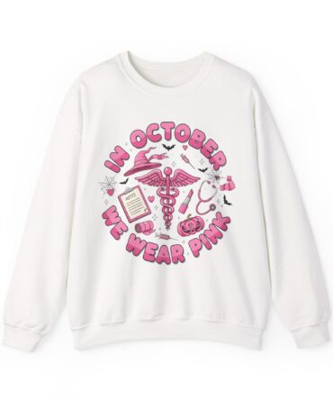 In October We Wear Pink Sweatshirt | Gildan 18000 Unisex Crewneck | Breast Cancer Nurse Gift